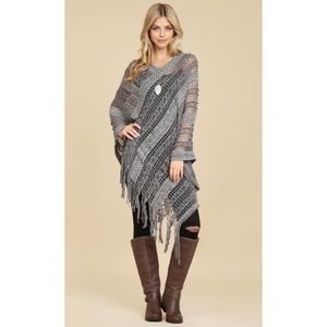 Gray Fringe Knit Sweater Poncho